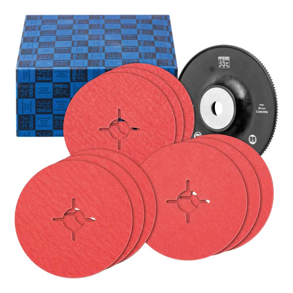 PFERD 64198002 - Juego de discos de fibra (10 unidades, grano de cerámica, diámetro de 125 mm, CO-Cool 36, 60, 80, con placa de respaldo de alto rendimiento para molienda en frío en grano de acero